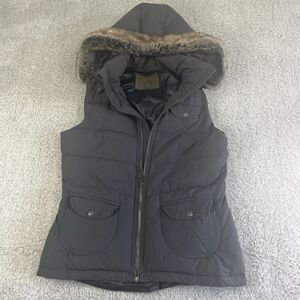 Athleta Goose Down Puffer Vest Women's Size S Stowaway Removable Fur Hoodie Gray